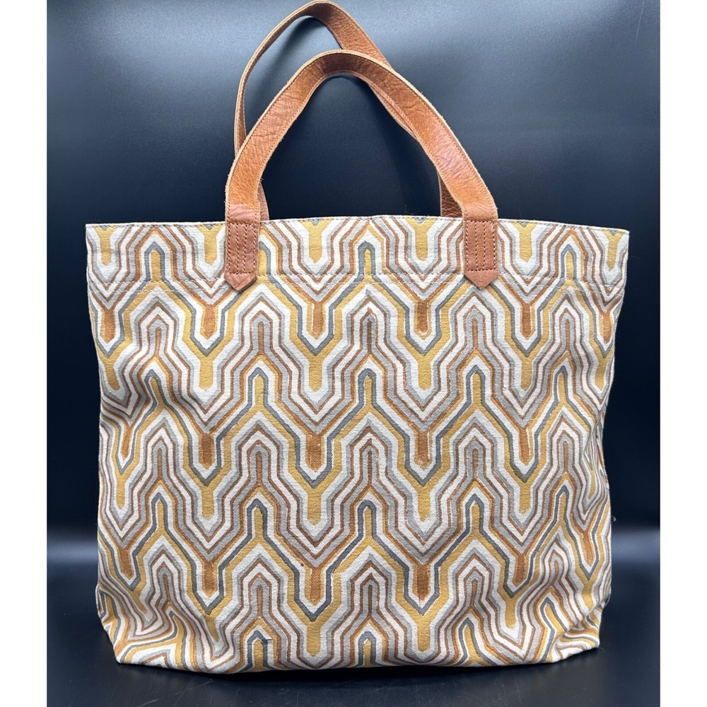 Joyn Purse‎ Tote Cotton With Leather Straps Yellow Geometric  Medium bohemian